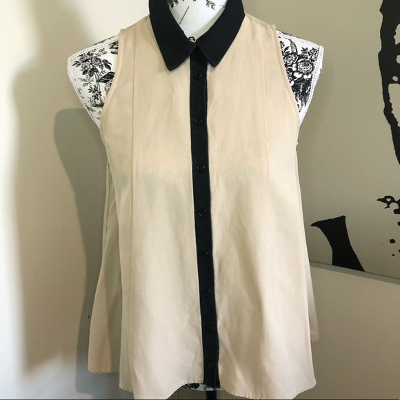 CUE Size 8 Coffee/Black Trim Linen-Blend Sleeveless Pleated Fit&Flare Swing Top - Picture 3 of 16